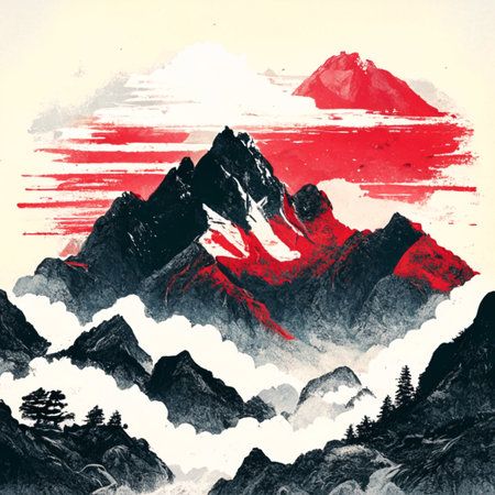 Mountain landscape with red sky and clouds. Hand drawn illustration.の素材