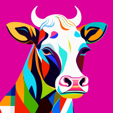 Vector illustration of a stylized portrait of a cow on a pink background.の写真素材