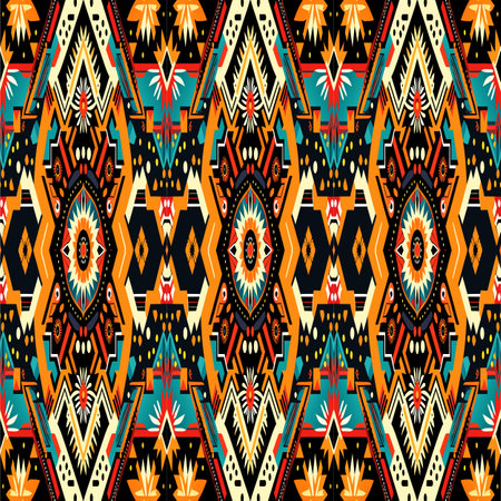 Seamless African pattern. Ethnic carpet with chevrons. Aztec style. Geometric mosaic on the tile, majolica. Ancient interior. Modern rug. Geo print on textile. Kente Cloth.の写真素材
