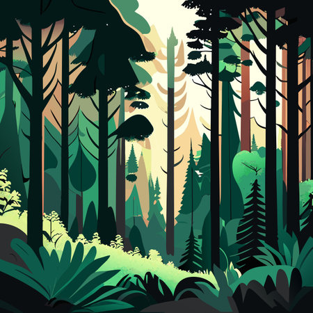 Forest landscape with coniferous trees and bushes. Vector illustration.の写真素材