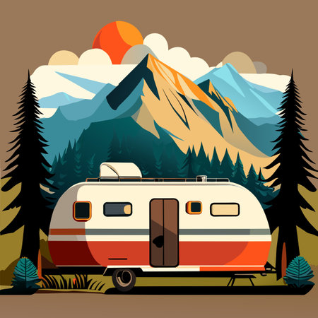Camping trailer in the mountains. Vector illustration in flat style.の写真素材