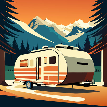 Camping trailer in the mountains. Vector illustration in flat style.の写真素材