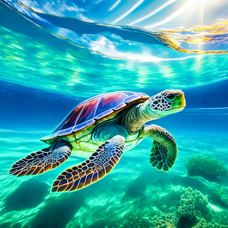 Green sea turtle swimming in the ocean.の素材