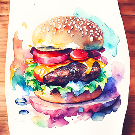 Hamburger with cheese, tomato, lettuce and onion. Watercolor illustrationの素材