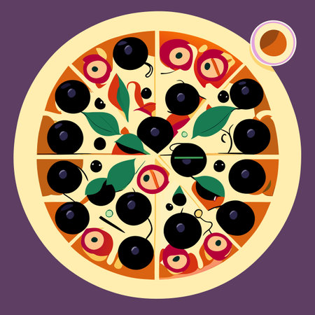 Pizza with black olives, cherry and tomato. Vector illustrationの写真素材
