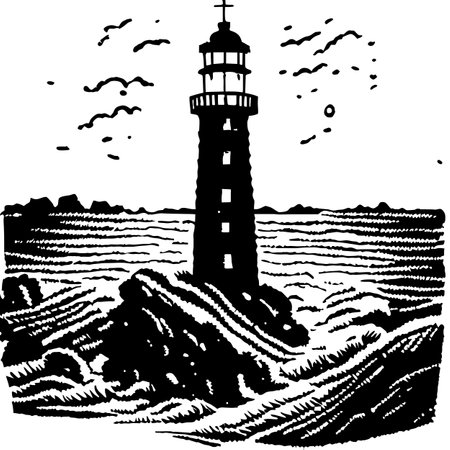 Lighthouse on the seashore. Black and white vector illustration.の素材
