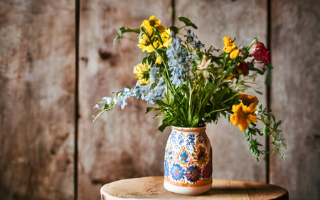 Bouquet of wildflowers in vase over wooden backgroundの素材