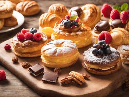 Cream puff pastry with berries and chocolate on a wooden background.の素材