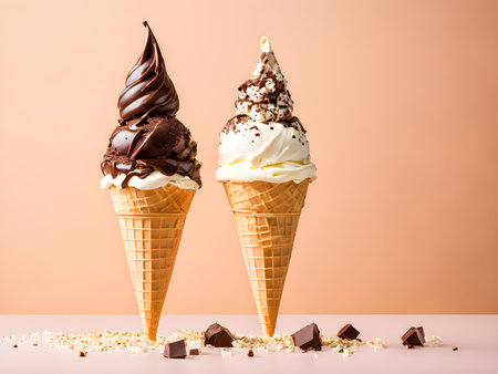 ice cream cones with chocolate and white chocolate on a beige backgroundの素材