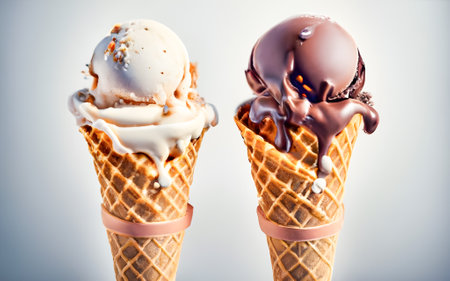 Ice cream in waffle cones with chocolate and caramel on gray backgroundの素材