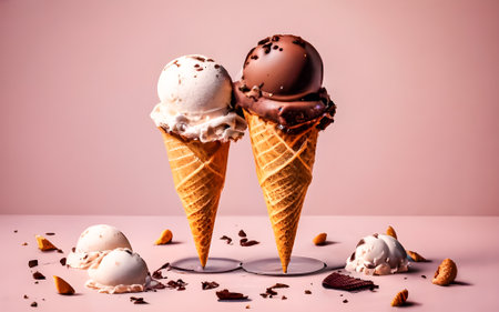 ice cream in waffle cones on pink background with chocolate and almondsの素材
