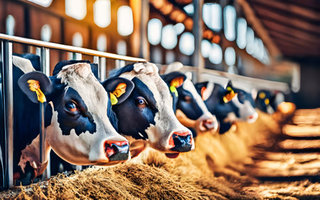 Cows in a farm. Cowshed with dairy cows. Cowshed with dairy cows.の素材