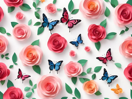 Pink roses and butterflies on white background. Flat lay, top viewの素材