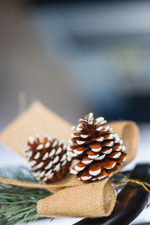 Pine cones on a rustic wooden chair, christmas decoration