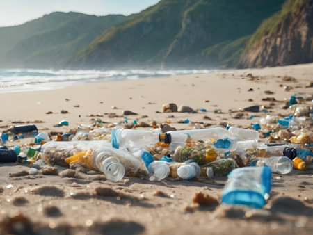 Plastic waste on the beach in the morning. Pollution conceptの素材