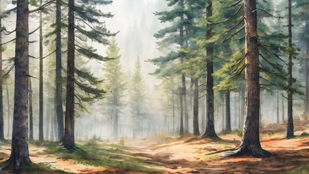 Digital painting of a misty forest with pine trees in the foregroundの素材