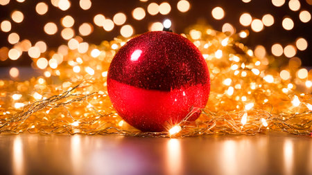 Red Christmas ball with garland and lights on bokeh backgroundの素材