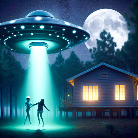 UFO abducting a young woman in the forest at night.の素材