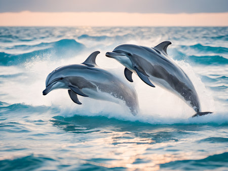 Dolphins jumping out of the water. Dolphins in the ocean.の素材