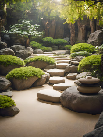 Stone walkway in japanese garden with green plants and stonesの素材