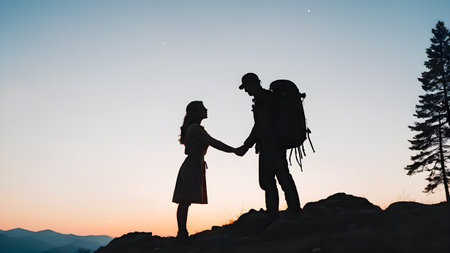 Silhouette of happy couple holding hands and standing on top of mountain at sunsetの素材