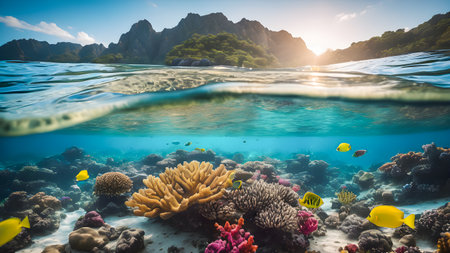 Underwater view of coral reef and tropical fish at sunny day.の素材