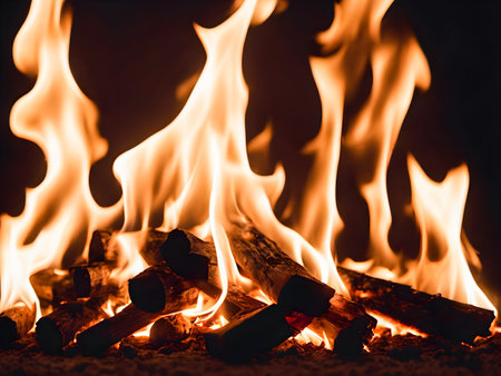 Fire flames on black background. Abstract blaze fire flame texture background.の素材