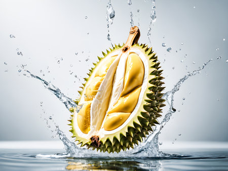 Fresh durian falling into water splashes on grey background. Exotic fruit.の素材