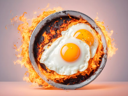 Fried eggs in a frying pan with flames on a pink backgroundの素材