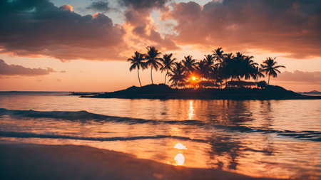 Palm trees on a tropical beach at sunsetの素材