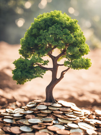 Tree growing on coins with bokeh background, save money for investment conceptの素材