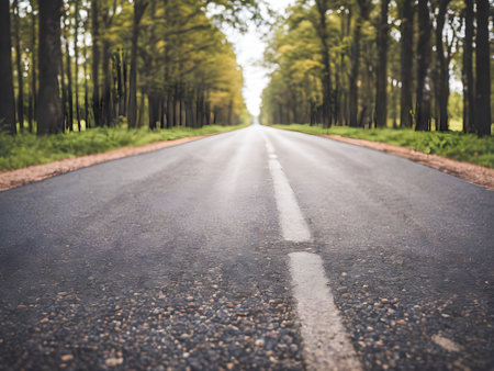 Empty asphalt road in the forest with trees in the background - vintage filterの素材