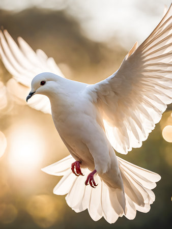 White dove flying in the air with bokeh light background.の素材