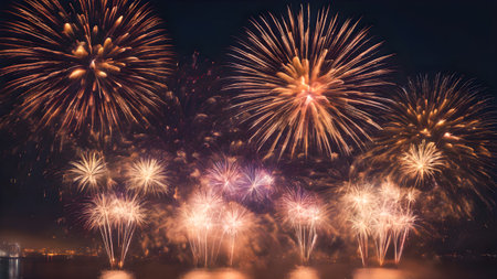Colorful fireworks of various colors over night sky and water, celebration and anniversary conceptの素材