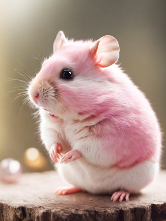 Hamster on a wooden background with christmas balls and bokehの素材