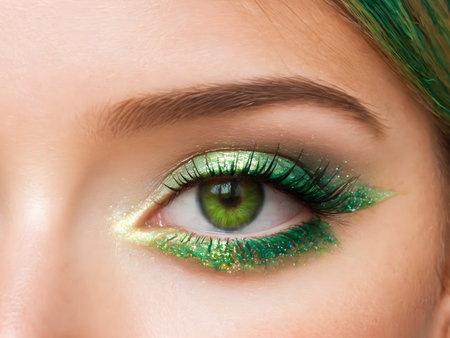 Close up of beautiful green woman's eye with green makeup and long eyelashes.の素材