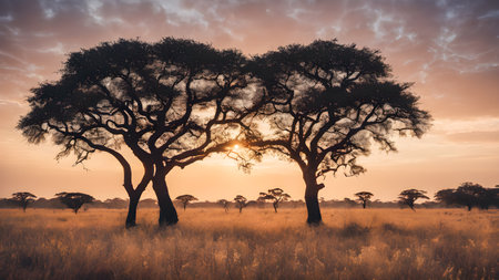 African savannah with acacia trees at sunset, Kenya, Africaの素材