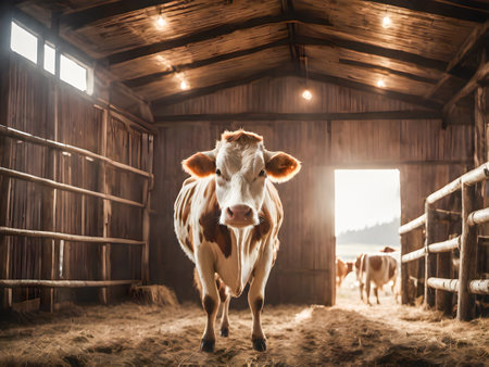 Cows in a pen on a farm in the morning light.の素材