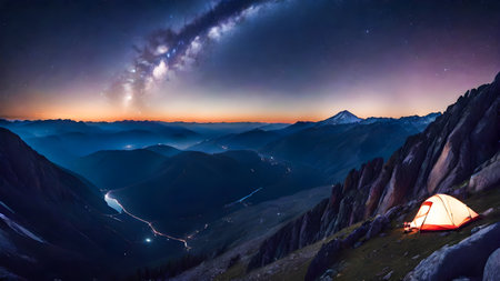 Mountain landscape with a tent under the starry sky and milky wayの素材