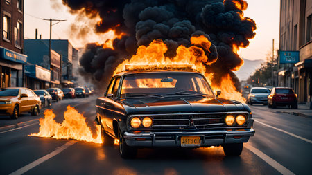 Burning car on the road in the city. Fire in the city.の素材