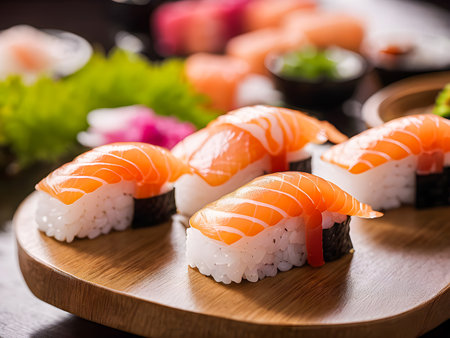 Sushi set on a wooden plate. Japanese food. Selective focus.の素材