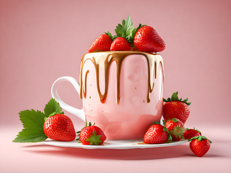 Cup of hot chocolate with strawberries on a pink background.の素材