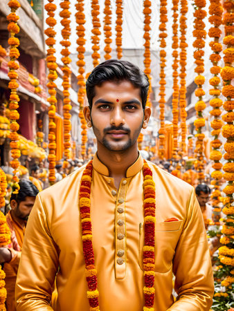 Portrait of a Hindu priest attending a religious ceremonyの素材