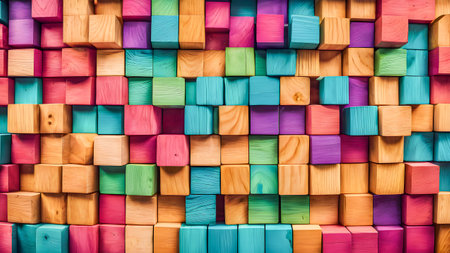 Colorful wooden cubes as a background, close-up view.の素材