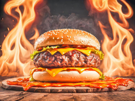 Big tasty cheeseburger on wooden table with fire flames on backgroundの素材
