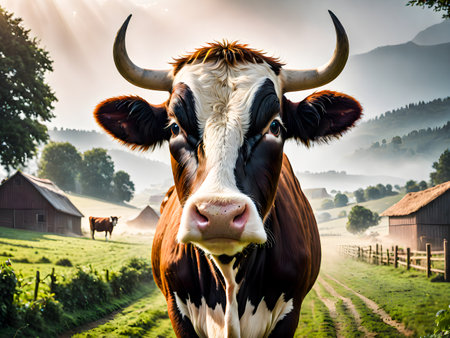 Portrait of a cow in a meadow on a sunny dayの素材