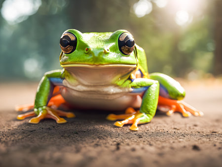 Green tree frog on the ground in the forest. Wildlife scene from nature.の素材