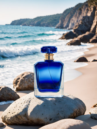 Perfume bottle on the beach. Vacation and travel conceptの素材