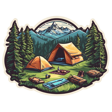 Camping in the mountains. illustration of a tourist tent in the forest.の素材