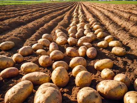 Freshly dug potatoes on a field in the countryside, close-upの素材